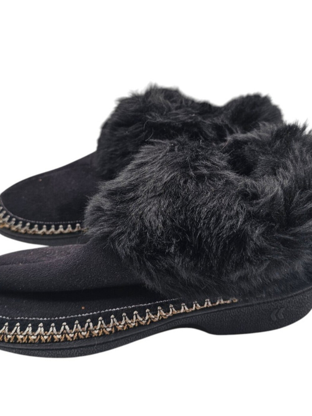 Isotoner Micro Suede Rory Hoodback model Fur Trim Slippers Sz 6.5-7 Black